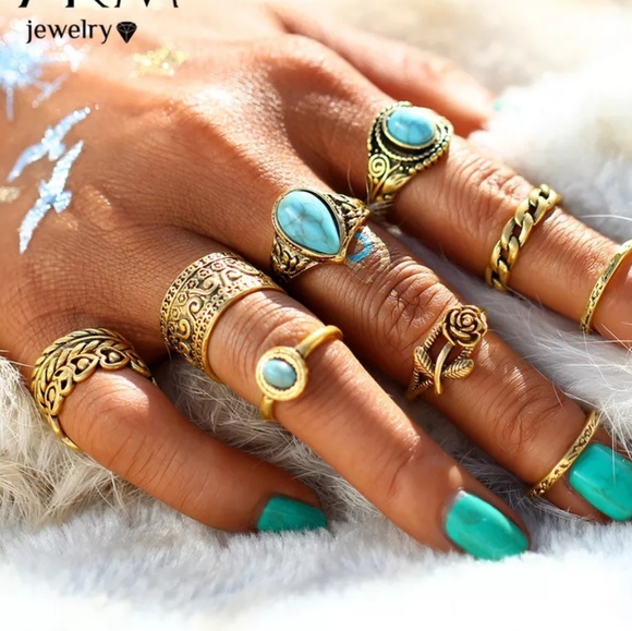 LAST 1🆕️10pc/set Bohemian gold/turquoise ring set - Picture 2 of 5